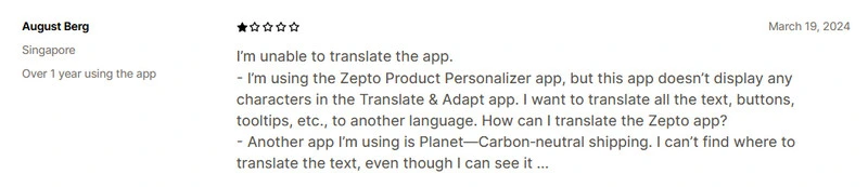 Recensione 1 stella su 5 — incompatibilità con app di terze parti in Shopify Translate & Adapt
