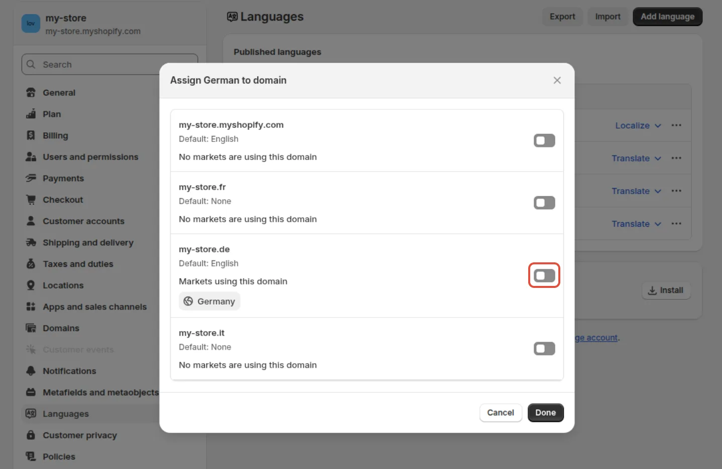 Assigning a language to a domain in Shopify: German tied to the local .de domain of the Germany market