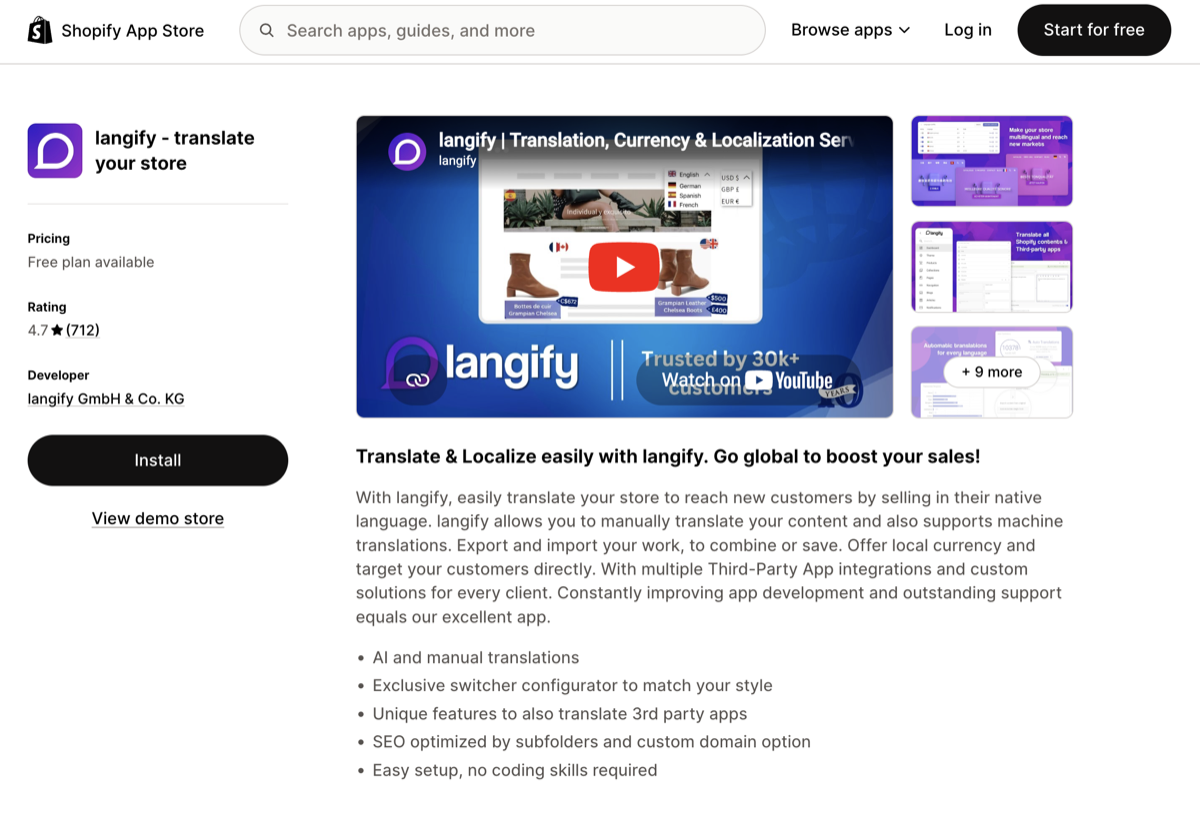 Langify sur le Shopify App Store
