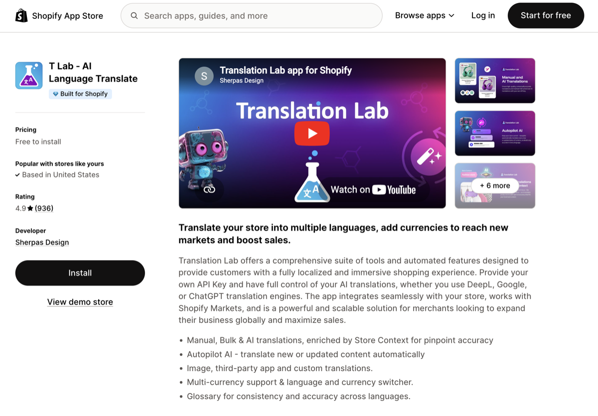 T Lab - Translate & Adapt sur le Shopify App Store