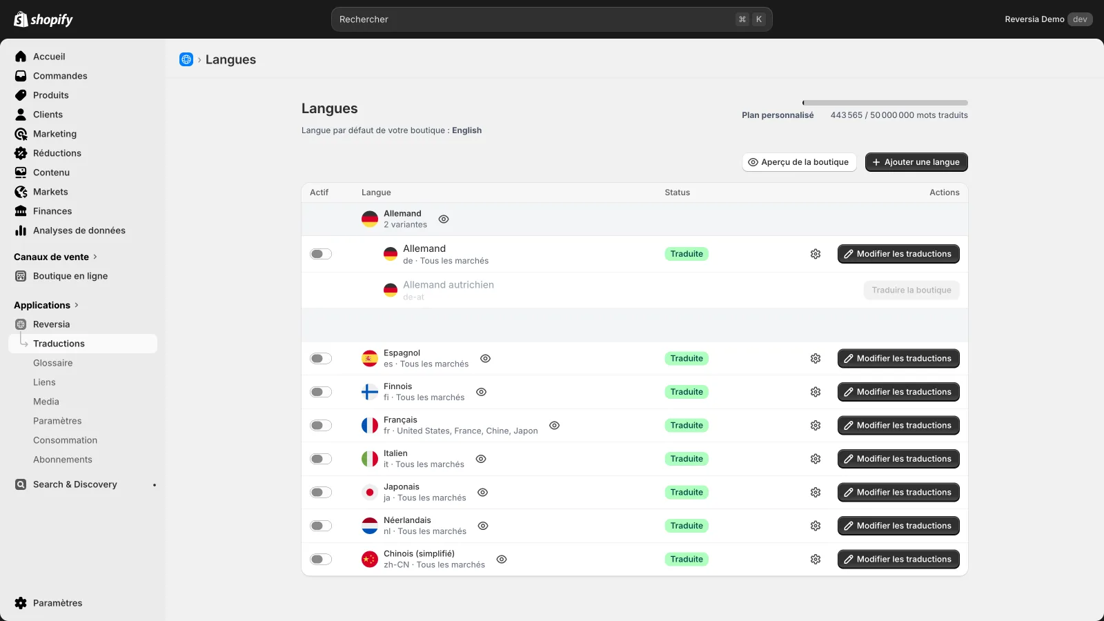 Page Langues de Reversia : huit langues gérées depuis l'admin Shopify