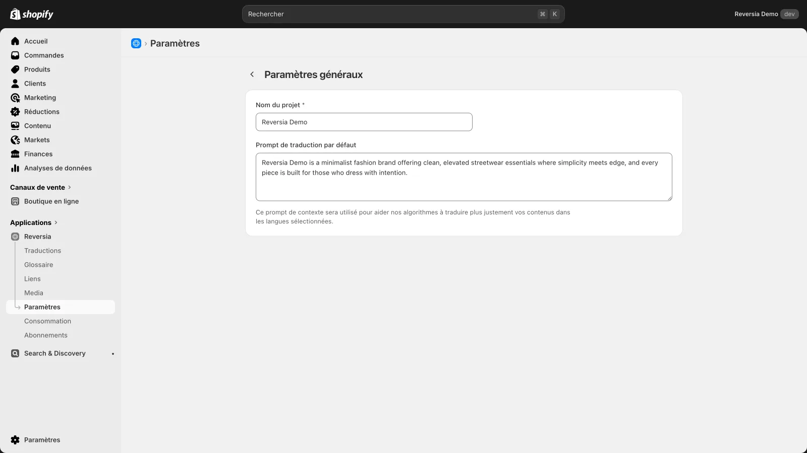 Paramètres généraux de Reversia : nom du projet et prompt de traduction par défaut