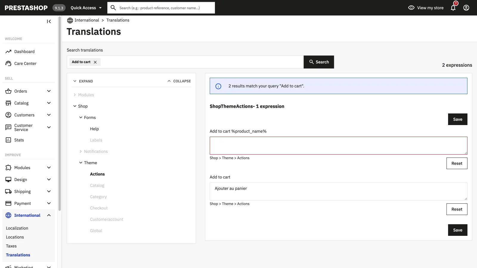 L'éditeur de wordings de PrestaShop 9 : recherche « Add to cart », arbre de domaines et champ de traduction français