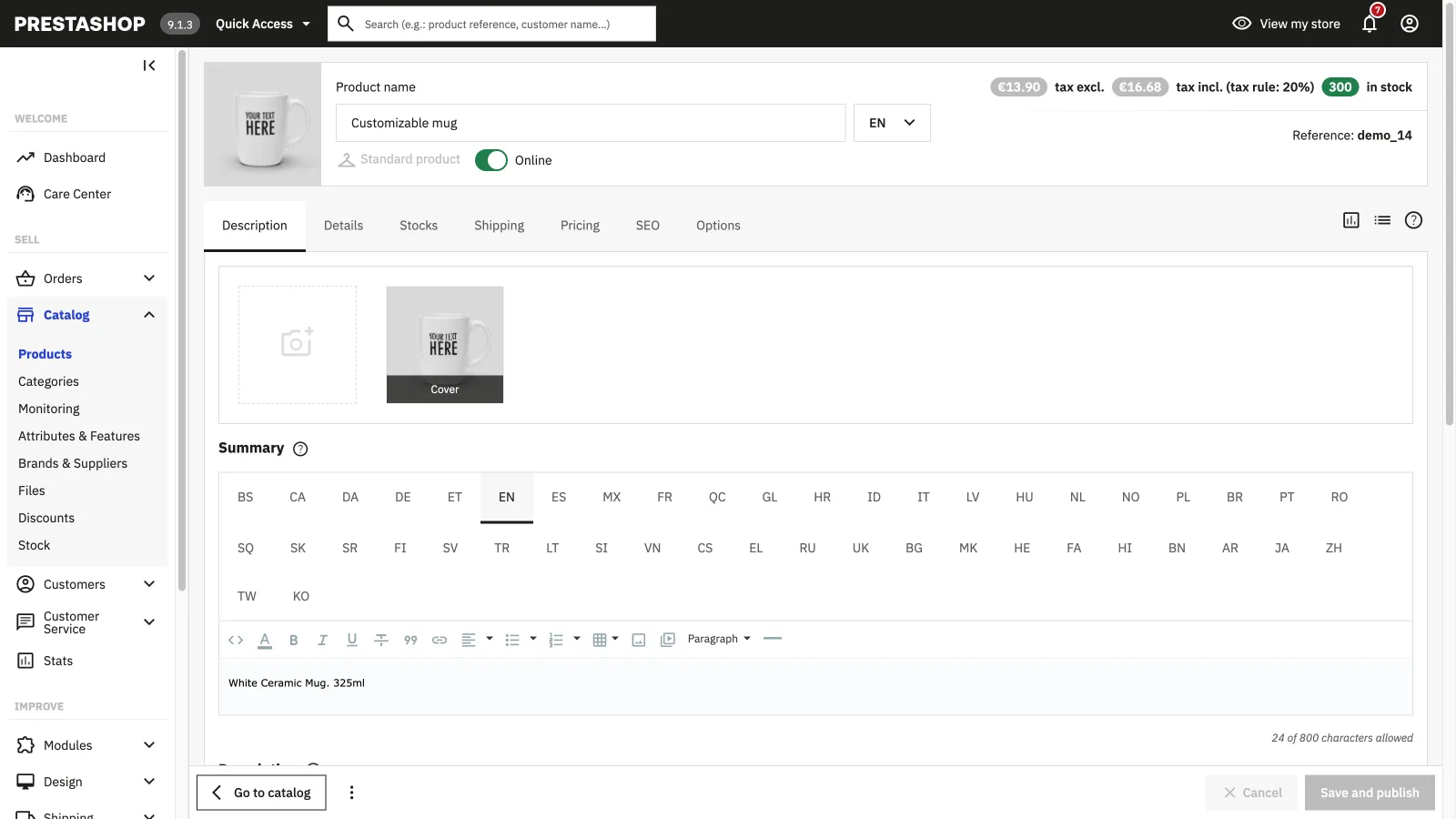 Une fiche produit PrestaShop 9 avec son sélecteur de langue et les onglets de langue sur chaque champ