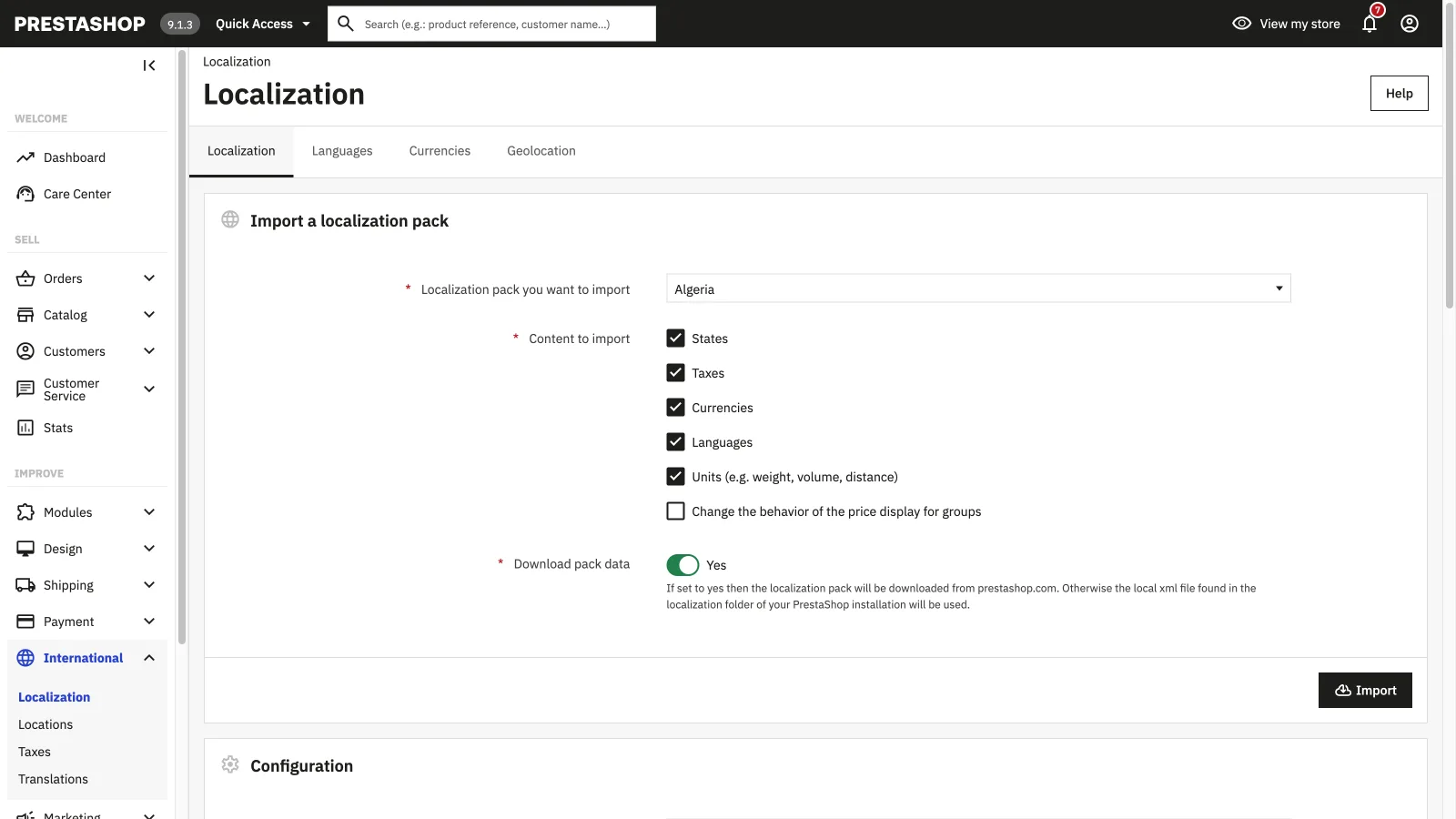 L'import d'un pack de localisation dans PrestaShop 9 : états, taxes, devises, langues et unités