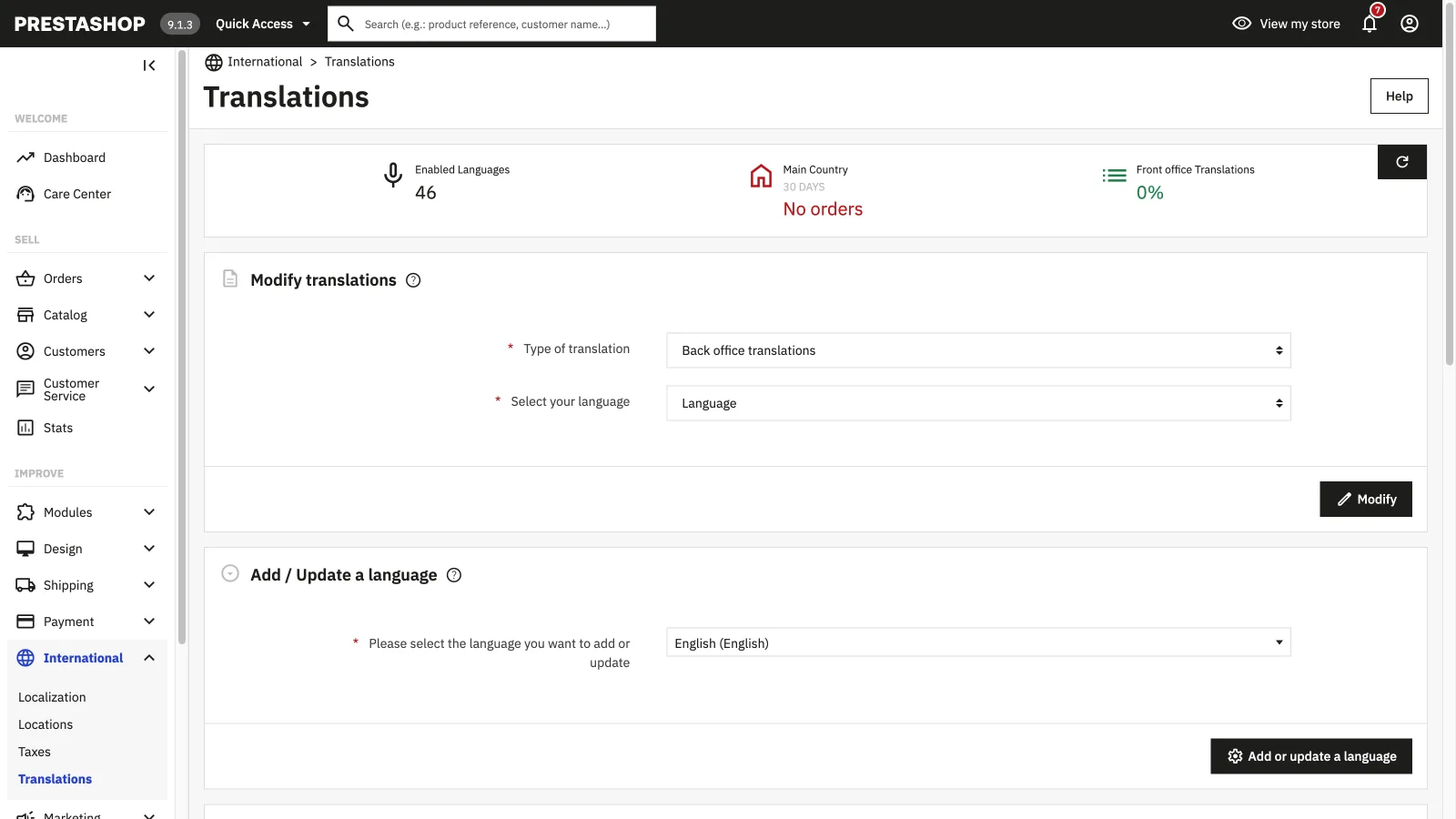 La page Traductions de PrestaShop 9 : type de traduction, langue, et la section Ajouter ou mettre à jour une langue