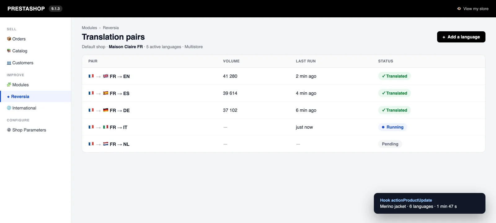 Le module Reversia dans PrestaShop 9 : paires de traduction FR vers EN, ES, DE, IT avec statuts en temps réel