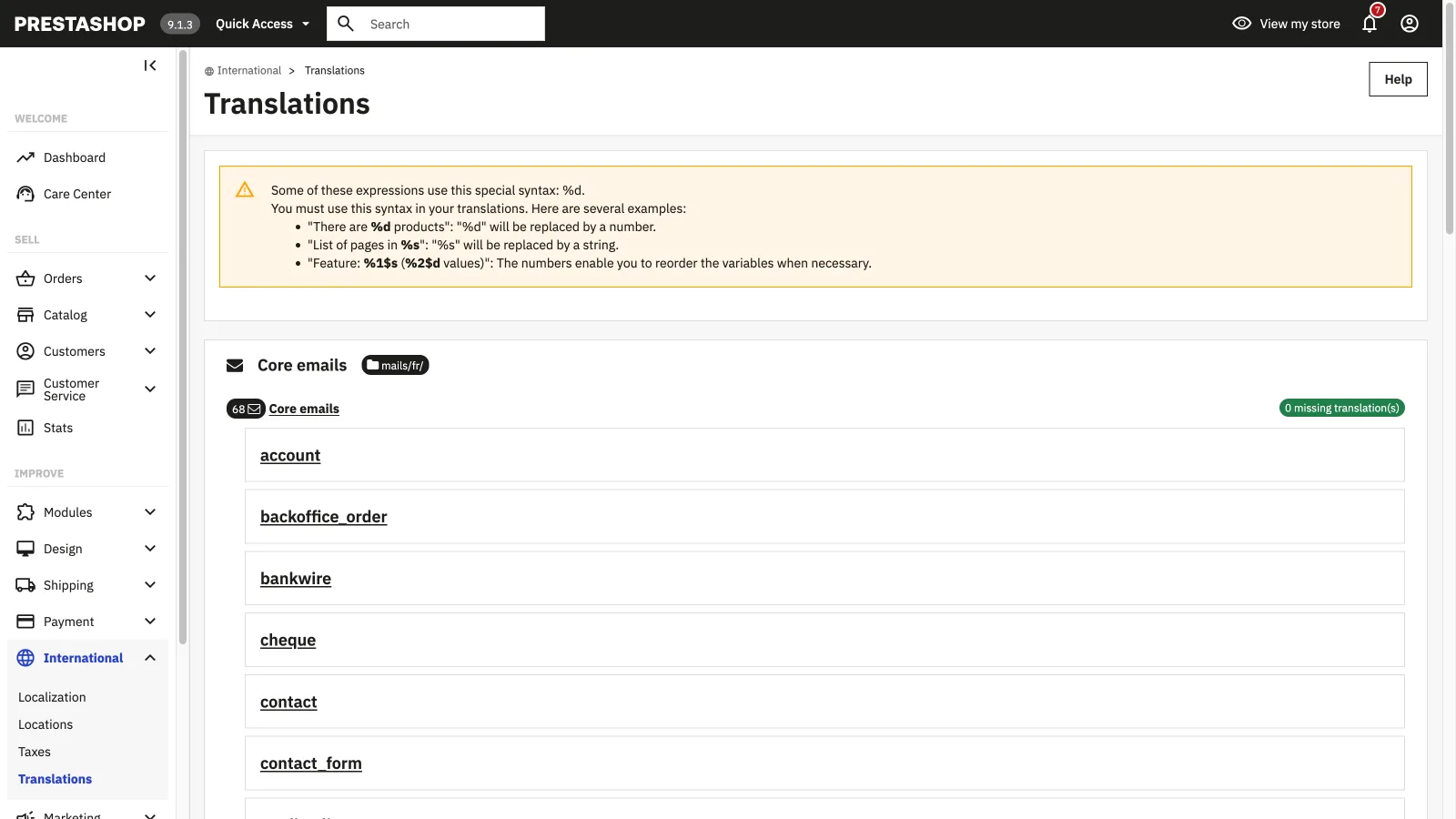 Les traductions d'emails de PrestaShop 9 : les 68 templates core dans mails/fr et les emails de modules