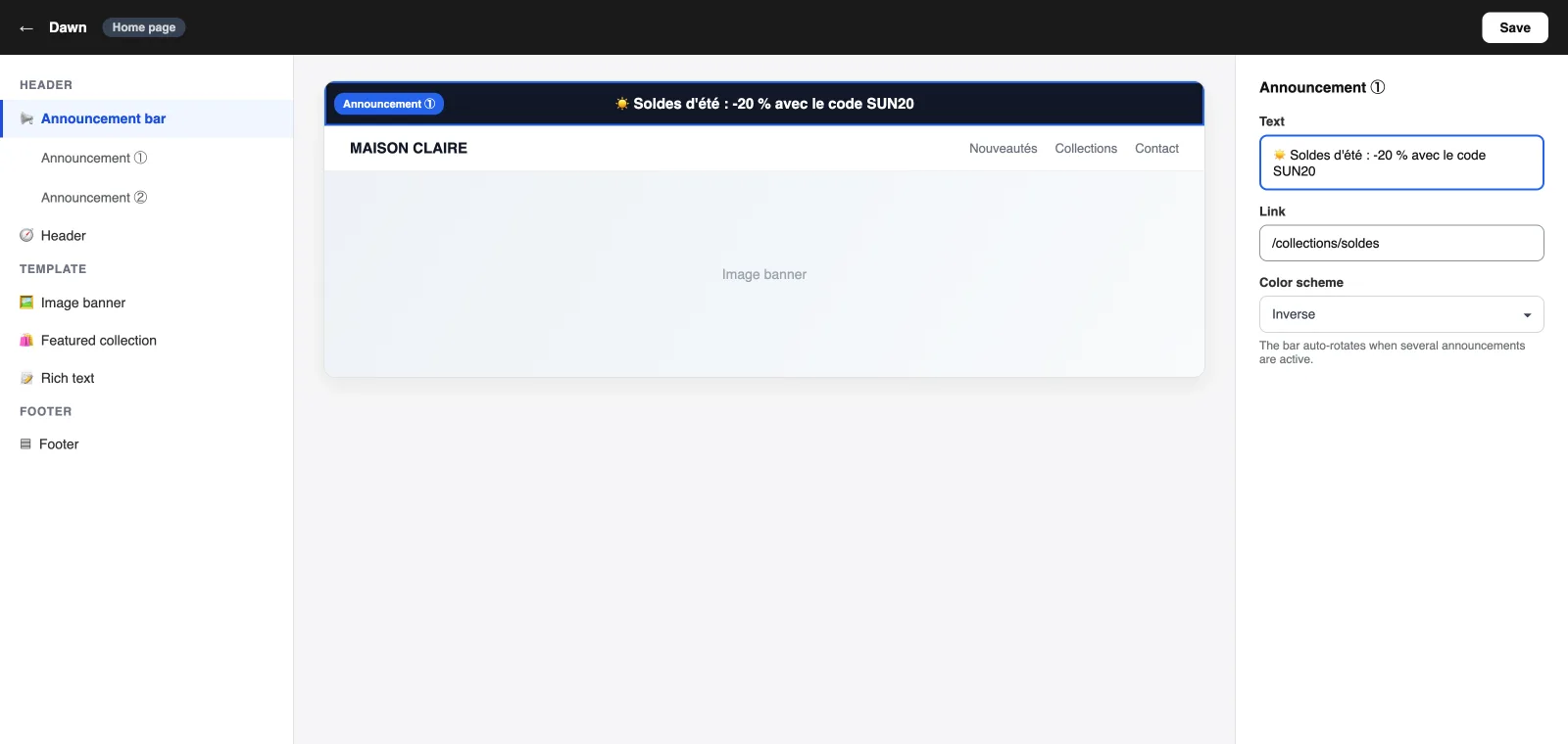 Die Sektion Ankündigungsleiste im Shopify-Theme-Editor: Text, Link und Farbschema jeder Ankündigung