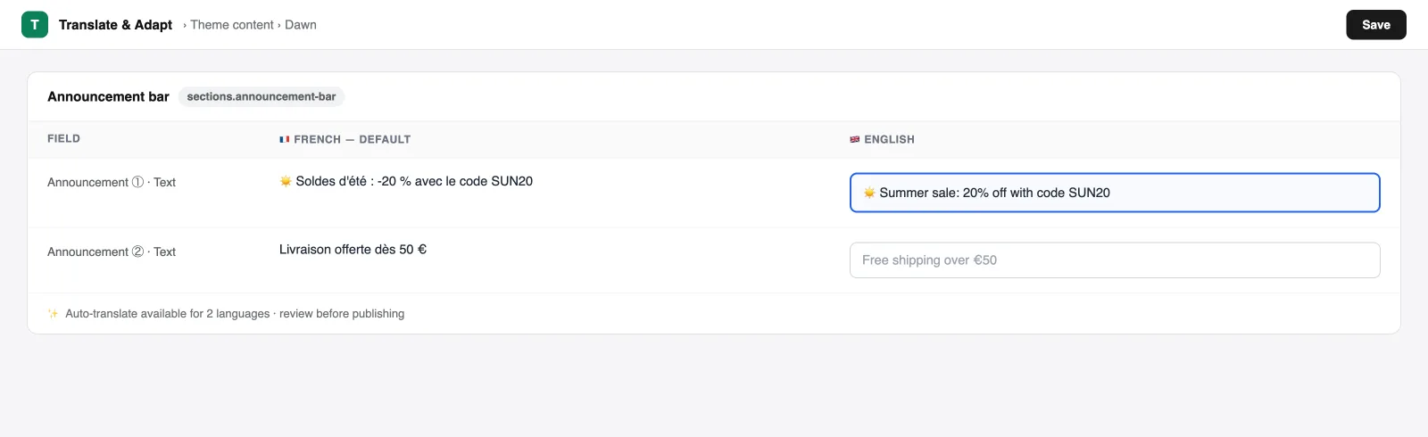 Die Ankündigungsleiste im Bereich Theme-Inhalte von Translate & Adapt: französischer Quelltext und englisches Feld