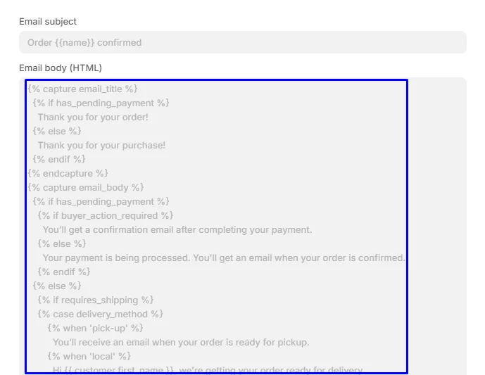 Le code d'un template de notification Shopify : objet et corps HTML mêlent Liquid et texte