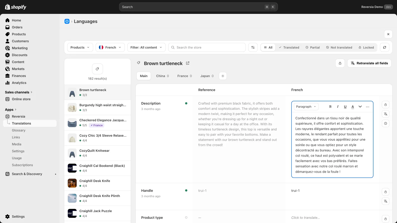 L'éditeur de traduction Reversia : le contenu de la boutique traduit champ par champ, notifications comprises