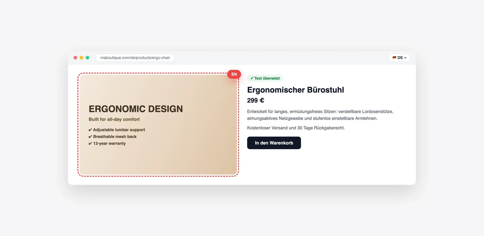 Eine perfekt übersetzte deutsche Produktseite, deren Haupt-Infografik noch englisch ist