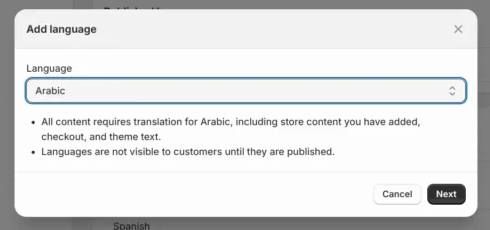 Ventana de añadir idioma de Shopify: el texto del tema forma parte del contenido a traducir