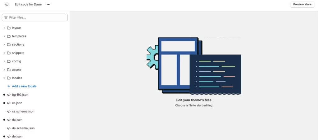 Editor de código del tema Shopify: la carpeta locales agrupa los archivos de traducción