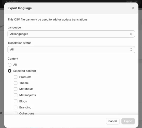 Opzioni di esportazione CSV di Shopify con Metafields e Metaobjects selezionabili