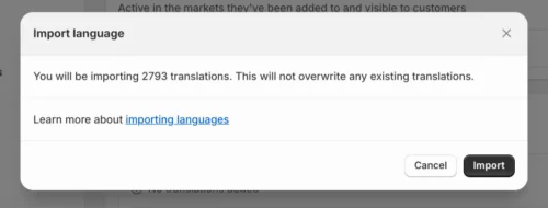 Finestra di importazione delle traduzioni CSV in Shopify