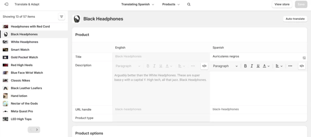 Editor affiancato di Translate & Adapt su una scheda prodotto Shopify