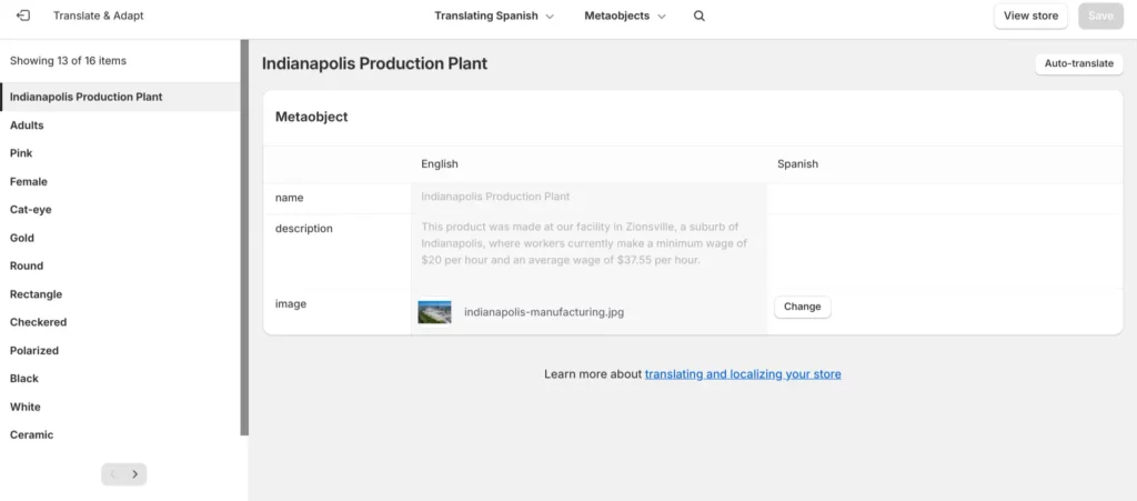 Traduzione di un metaobject nell'app Translate & Adapt di Shopify