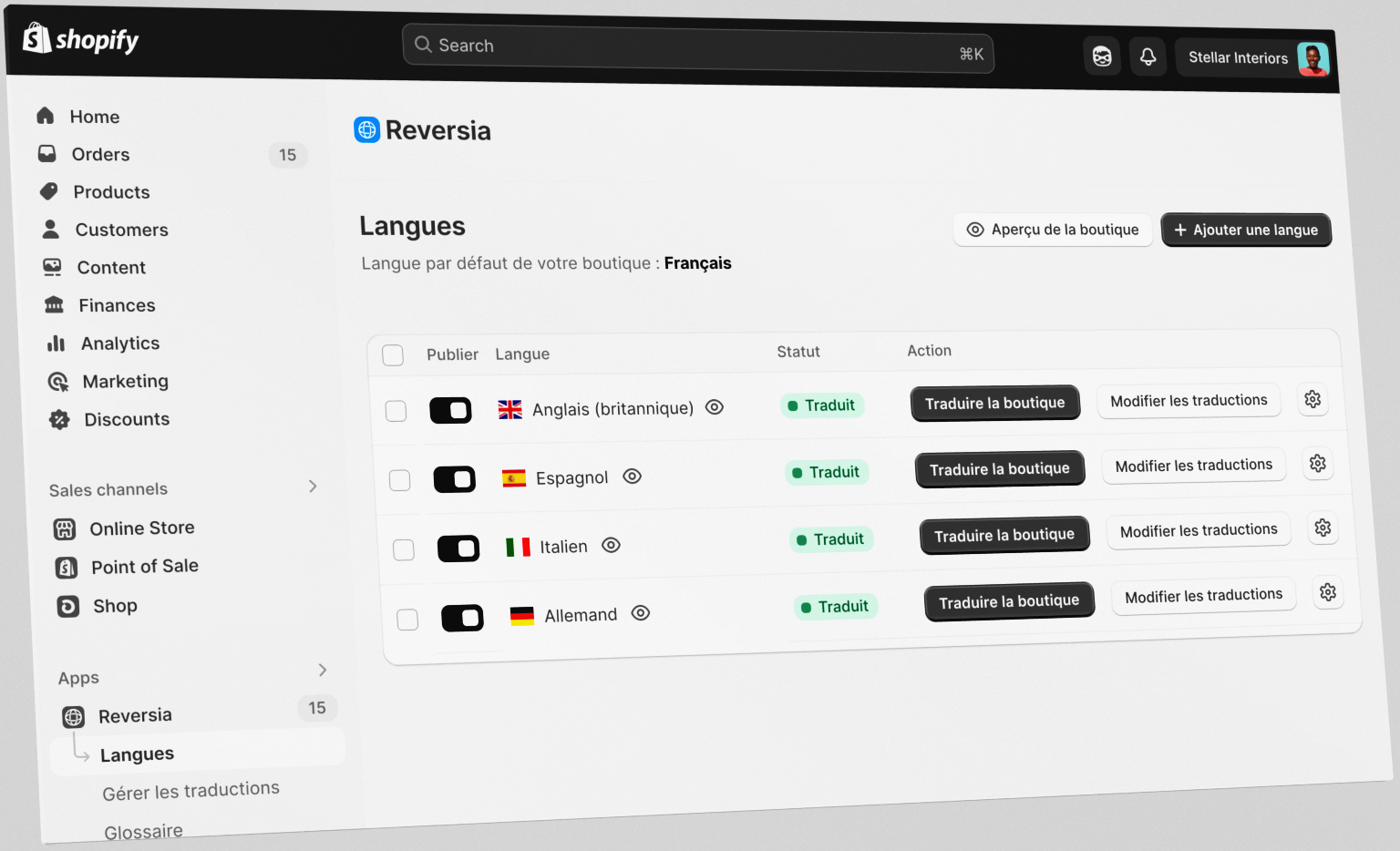 Page Langues dans l'administration Shopify avec Reversia