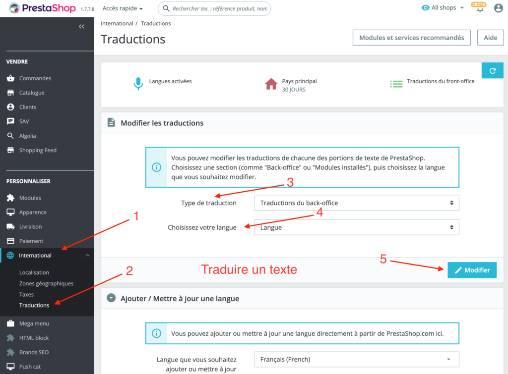 Traduire texte Prestashop