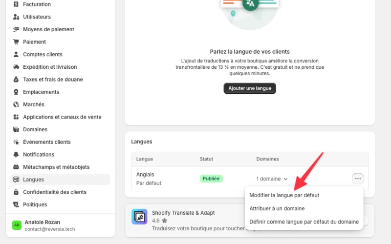 Modifier langue par défaut Shopify