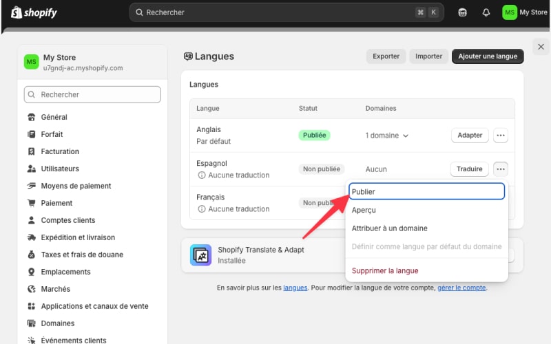 Publier langue Shopify