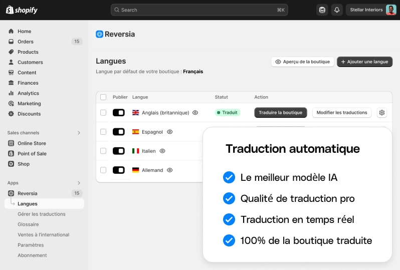 Traduction automatique Shopify